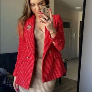 Zara * Textured Tweed Double Breasted Blazer Red Size XS